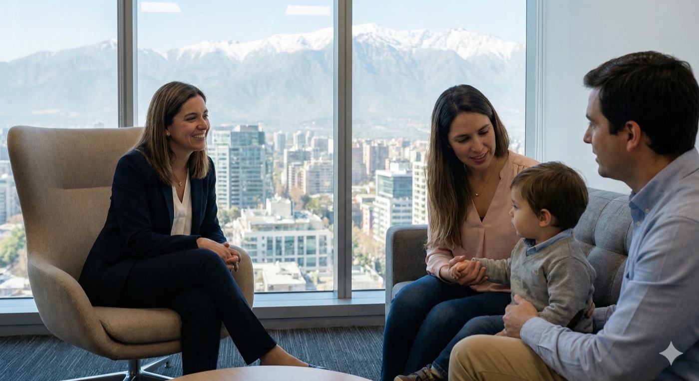 Abogada reunida con familia en oficina con vista a Santiago
