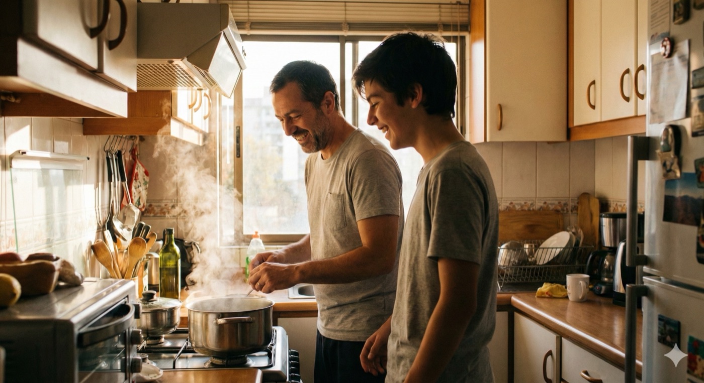 Padre e hijo cocinando juntos